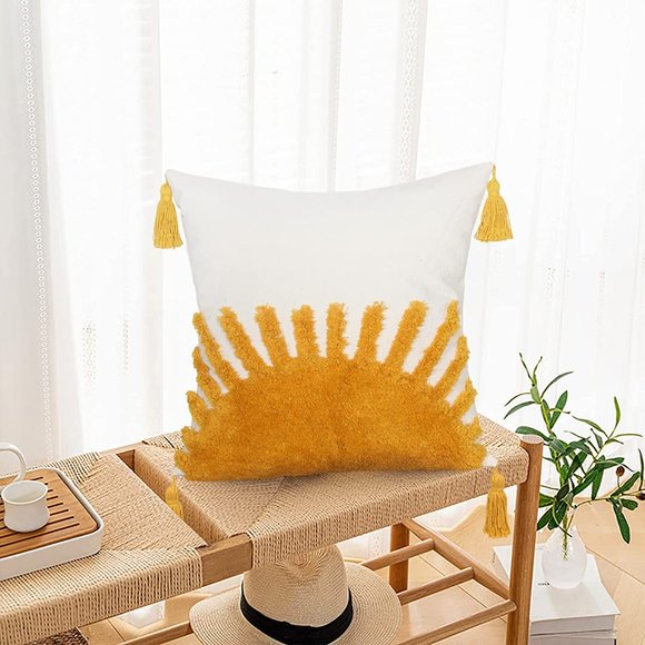 Colorful Throw Pillow Covers Cotton Sun Tufted Pillows Cover Cases with Tassels - Picture 2 of 6